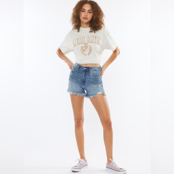 KanCan High Rise Waist Distressed Torn Denim Cut-off Frayed Hem Blue Jean Shorts - Picture 8 of 15